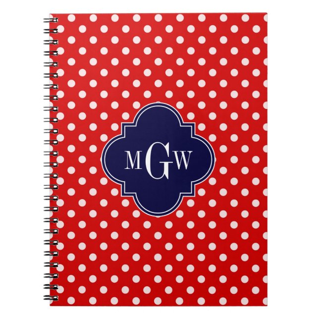 Red White Polka Dot Navy Quarto 3 Monogramm Notizblock (Vorderseite)