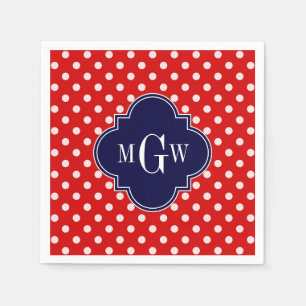 Red White Polka Dot Navy Quarto 3 Monogramm Serviette