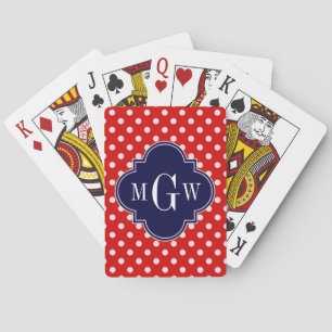 Red White Polka Dot Navy Quarto 3 Monogramm Spielkarten