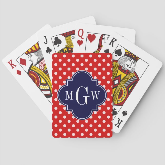 Red White Polka Dot Navy Quarto 3 Monogramm Spielkarten (Rückseite)