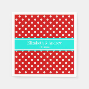 Red White Polka Dots Bright Aqua Name Monogram Serviette