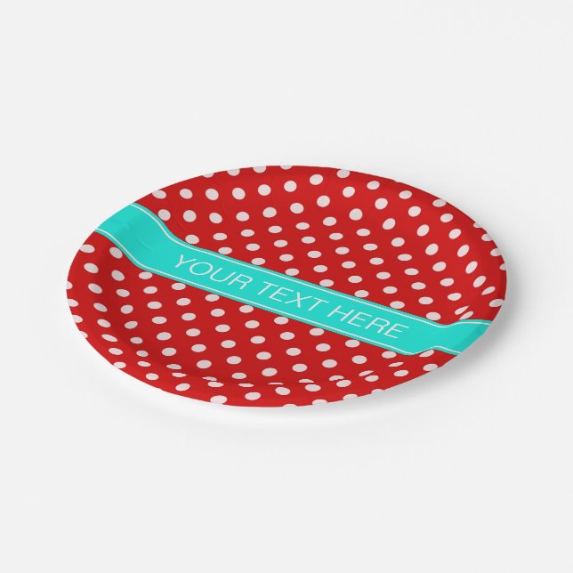 Red White Polka Dots Bright Aqua Ribbon Monogram Pappteller (Schrägansicht)