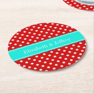 Red White Polka Dots Bright Aqua Ribbon Monogram Runder Pappuntersetzer