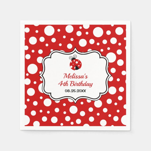 Red White Polka Dots Ladybug Frame Kindergeburtsta Serviette (Vorderseite)