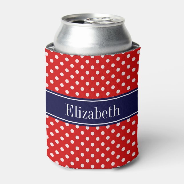 Red White Polka Dots Navy Blue Ribbon Monogram Dosenkühler (Kanne Vorderseite)