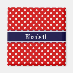 Red White Polka Dots Navy Blue Ribbon Monogram Magnet