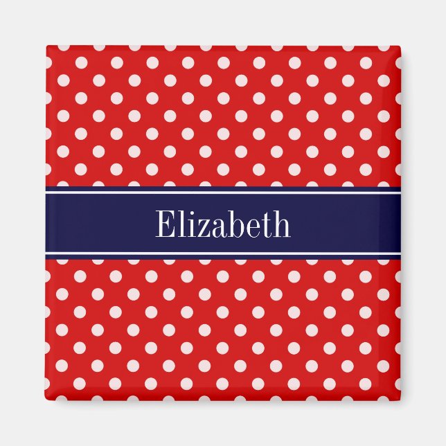 Red White Polka Dots Navy Blue Ribbon Monogram Magnet (Vorne)