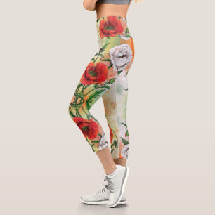 Red White Poppies Capri Leggings Blume