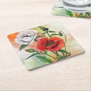 Red White Poppies Paper Coaster Painting Rechteckiger Pappuntersetzer
