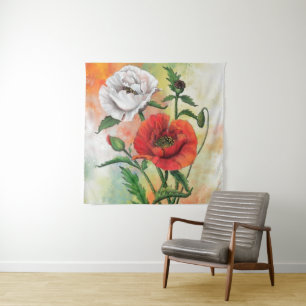 Red White Poppies Tapestry Wandteppich