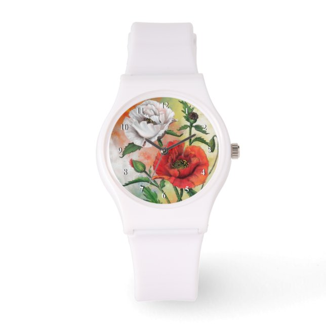 Red White Poppy Schöne Blume Armbanduhr (Vorderseite)