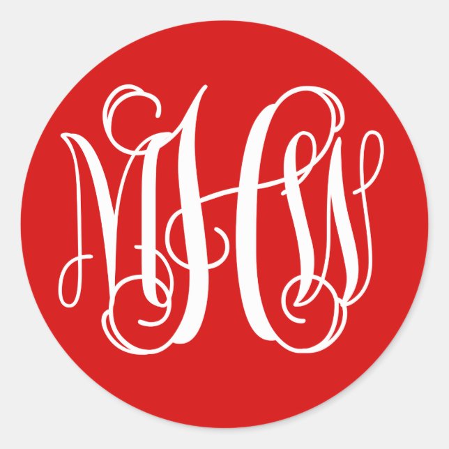 Red White Preppy Vine Script Monogram DIG BG Runder Aufkleber (Vorderseite)