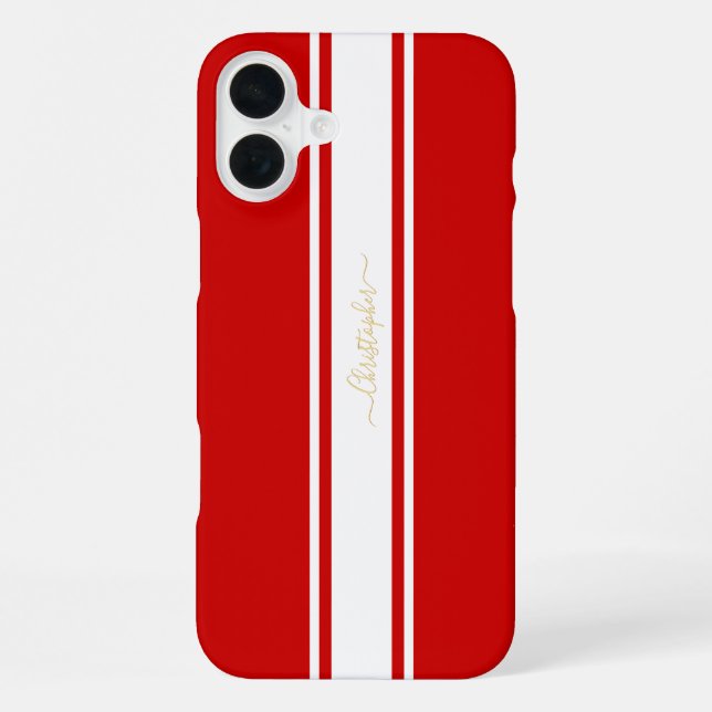 Red White Racing Stripes Gold Mit Monogramm iPhone 16 Plus Hülle (Rückseite)
