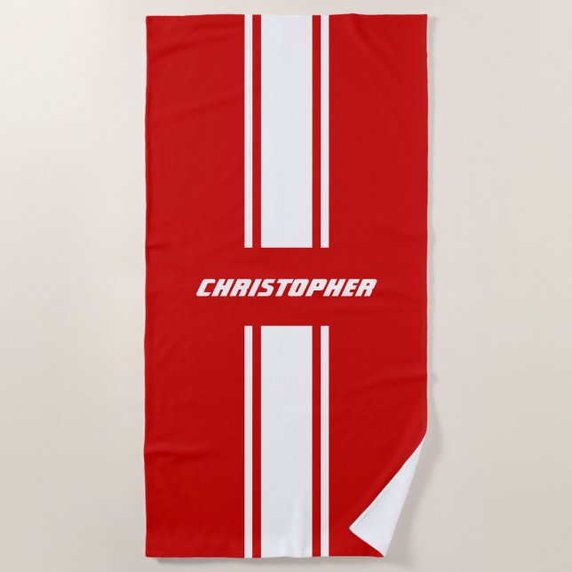 Red White Racing Stripes Gold Mit Monogramm Pool Strandtuch (Vorderseite)
