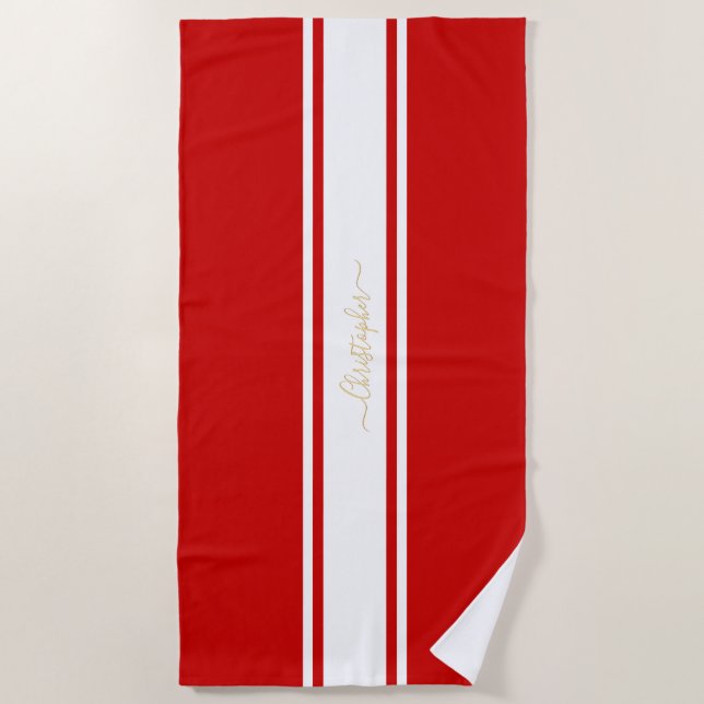 Red White Racing Stripes Gold Mit Monogramm Pool Strandtuch (Vorderseite)