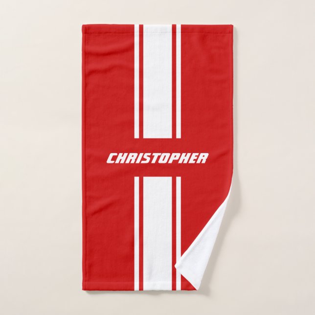 Red White Racing Stripes Monogram Mens Enfants Gar (Serviette à main)