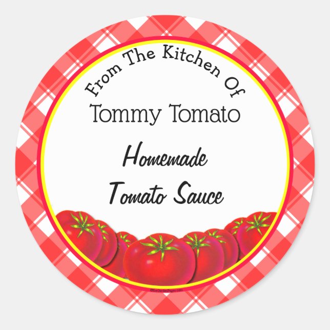 Red White Retro Kariert Tomate Sauce Backen Runder Aufkleber (Vorderseite)