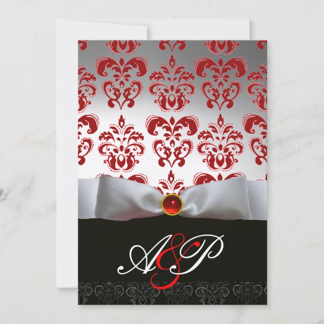 RED WHITE RIBBON & BLACK DAMASK MONOGRAM Ruby Einladung (Vorderseite)