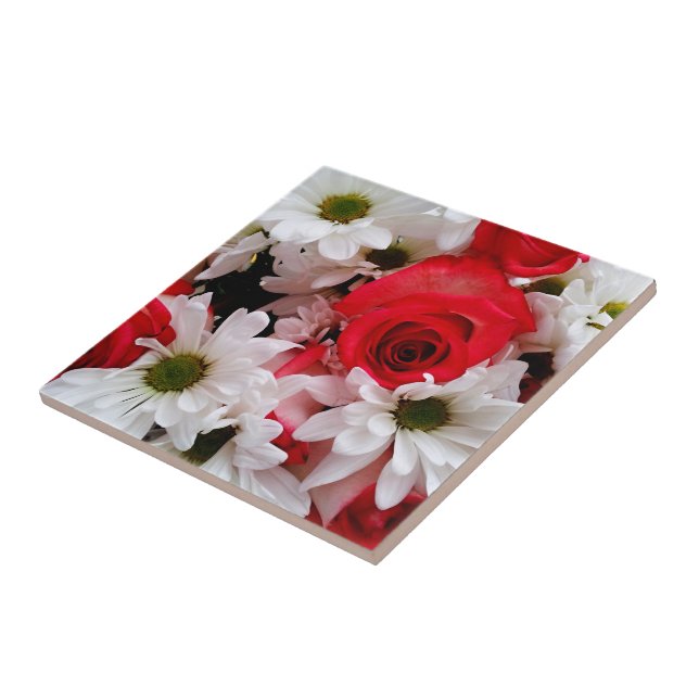 Red-White-Rose-Daisies-Bouquet-KERAMIK TILE Fliese (Seite)