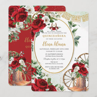 Red White Roses Charro Boots Sweet 16 Quinceañera Einladung