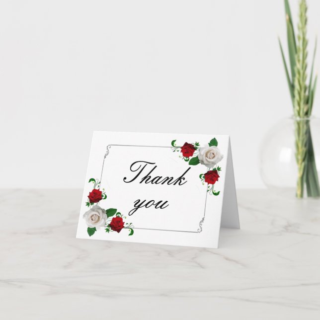 Red & White Roses Christmas Wedding Dankeskarte (Vorderseite)
