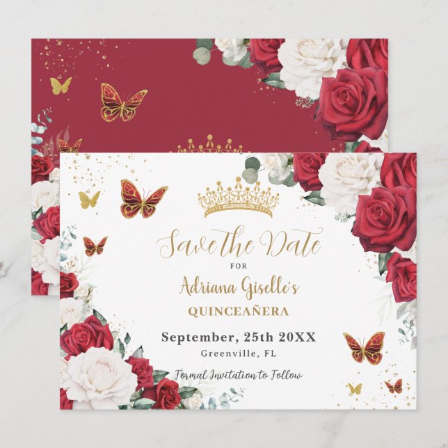 Red White Roses Floral Gold Quinceñera Sweet 16 Save The Date (Vorne/Hinten)