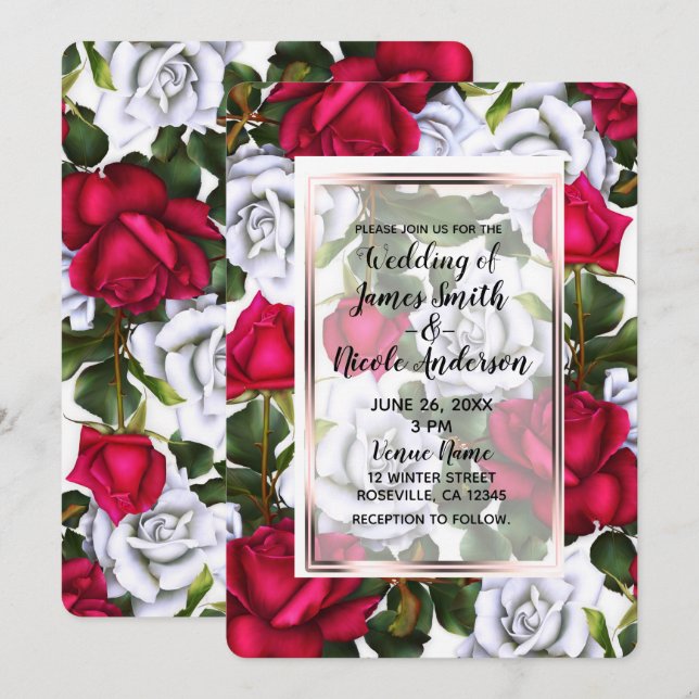Red & White Roses Shabby Chic Glam Wedding Einladung (Vorne/Hinten)
