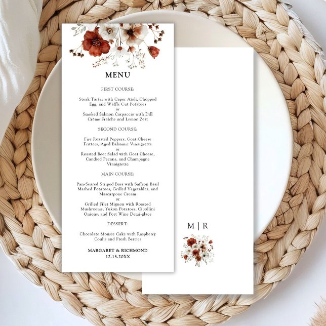 Red White Rustic Watercolor Floral Wedding Menu Menükarte (Von Creator hochgeladen)