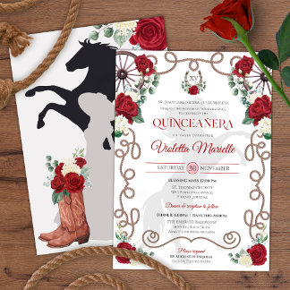 Red White Rustic Western Charro Quinceanera Einladung