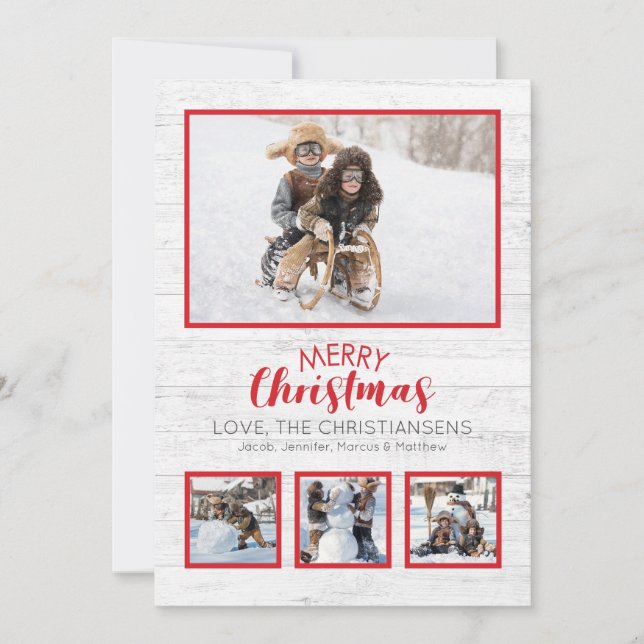 Red White Rustic Wood Foto Weihnachten (Vorderseite)