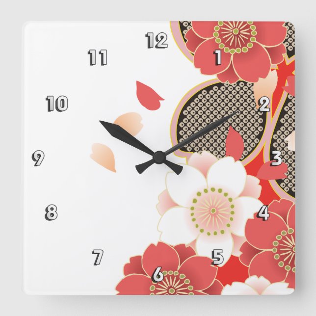 Red & White Sakura Japanischer Kimono Quadratische Wanduhr (Vorderseite)