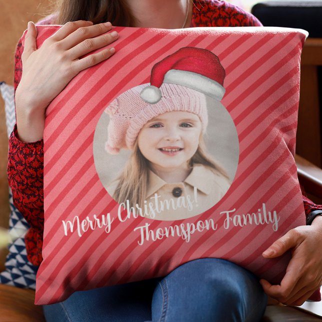 Red White Santa Hat Christmas Photo Custom Kissen (Cute Merry Christmas Santa Hat Photo Pillow)