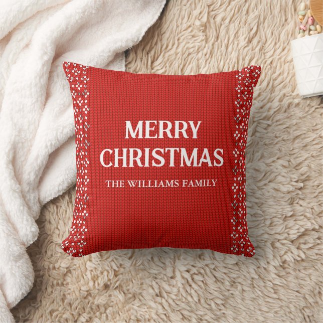 Red White Scandinavian Knitted Frohe Weihnachten Kissen (Decke)