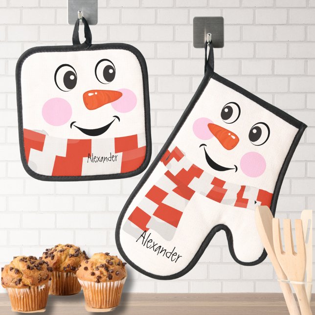 Red White Scarf Weihnachten Snowman Funny Face Smi Ofenhandschuh & Topflappen-Set (Von Creator hochgeladen)