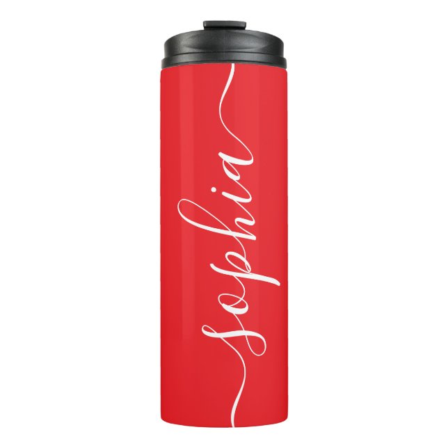 Red White Script Custom Name Thermal Tumbler Thermosbecher (Vorderseite)