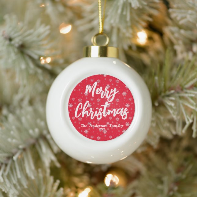 Red White Script Keepake Moderne frohe Weihnachten Keramik Kugel-Ornament (Baum)