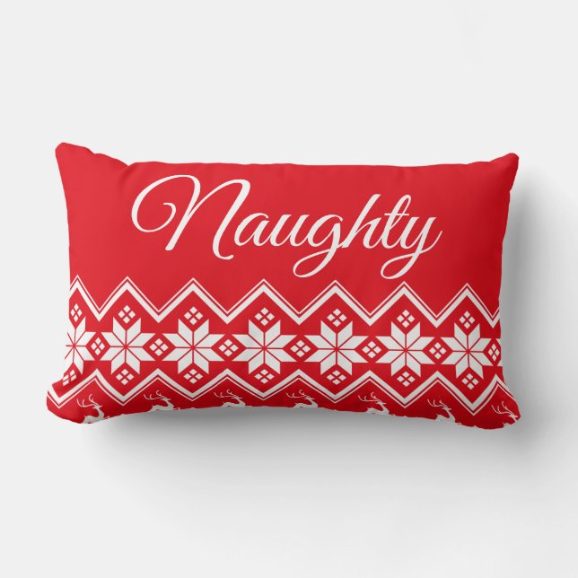 Red White Script Letters Naughty oder Nice Lendenkissen (Vorderseite)