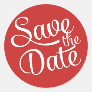 Red White Script Save the Date Runder Aufkleber