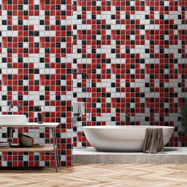 Red White Small Tile Pattern Tapete (Badezimmer)