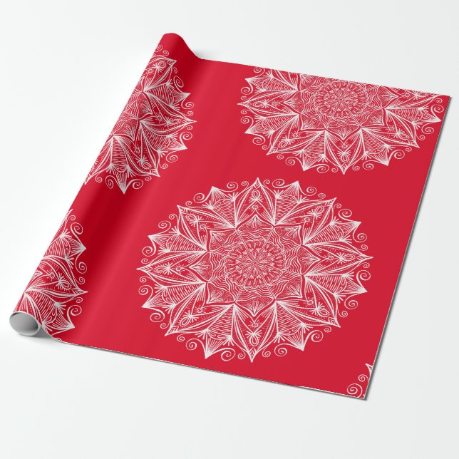 Red White Snowflake Mandala Art Pattern Weihnachte Geschenkpapier (Ungerollt)