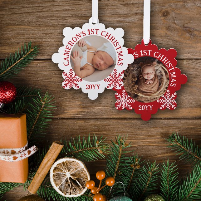 Red White Snowflakes Baby's 1. Weihnachten Ornament Karte (Von Creator hochgeladen)