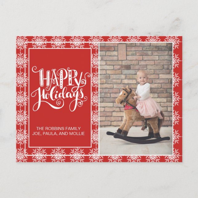 Red White Snowflakes Happy Holidays Weihnachten Postkarte (Vorderseite)