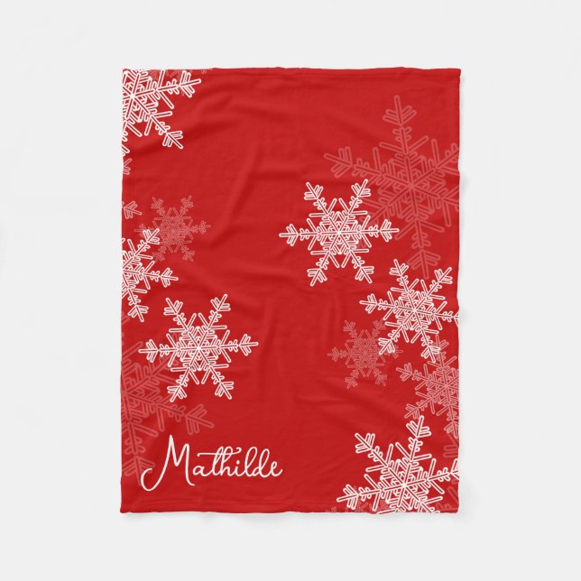 Red White Snowflakes Minimalistischer Weihnachtsna Fleecedecke (Vorderseite)