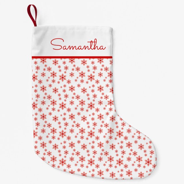 Red White Snowflakes Muster mit Namen Kleiner Weihnachtsstrumpf (Vorderseite)