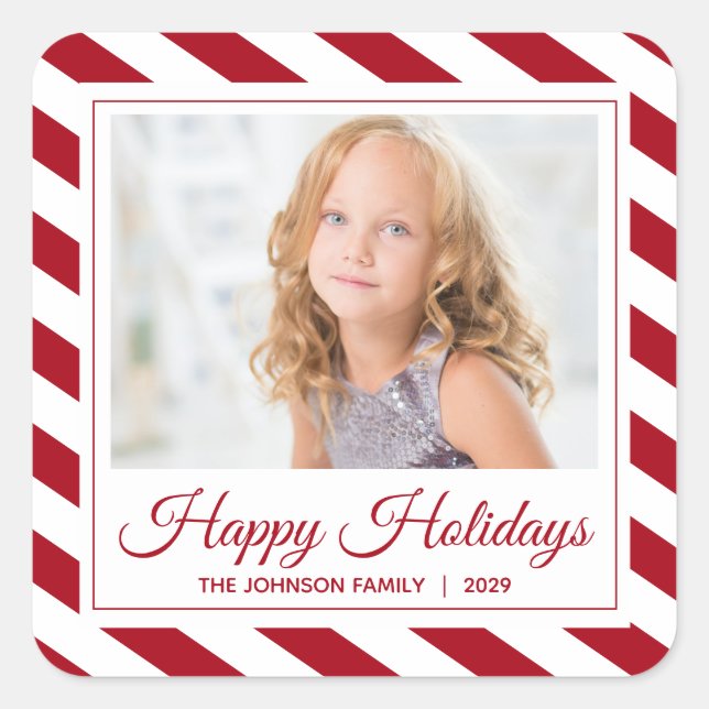 Red White Stripe Happy Holidays Foto Quadratischer Aufkleber (Vorderseite)