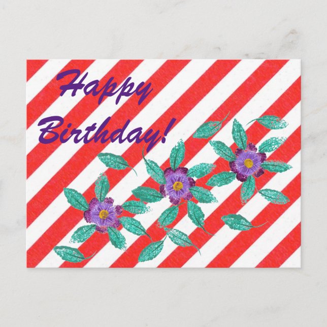 Red White Stripes Purple Fleurs Carte postale Anni (Devant)