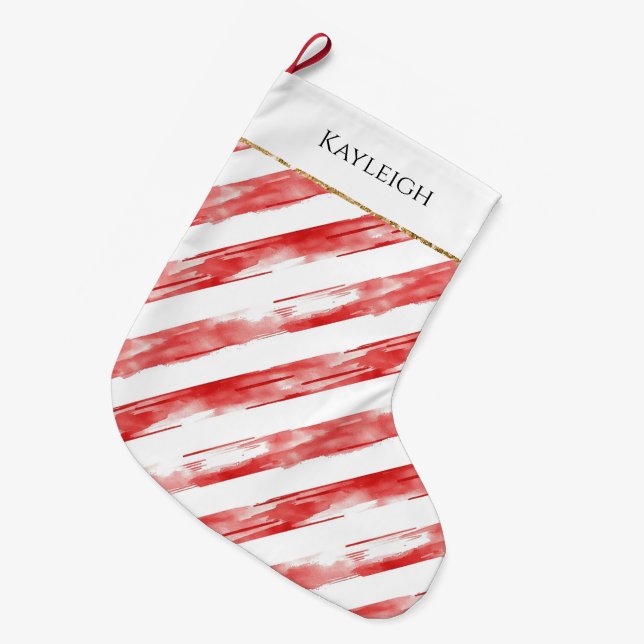 Red White Strips Weihnachten Gold Glitzer Großer Weihnachtsstrumpf (Vorderansicht (hängend))