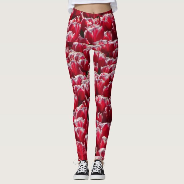 Red White Tulips Muster Legierung Leggings (Vorderseite)