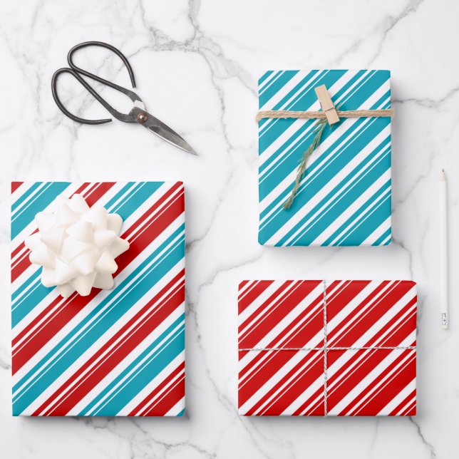 Red White Türkise Blue Candy Cane Strip Holiday Geschenkpapier Set (Vorderseite)