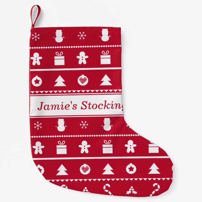 Red White Ugge Christmas Sweater Icons Muster Kleiner Weihnachtsstrumpf (Vorderseite)